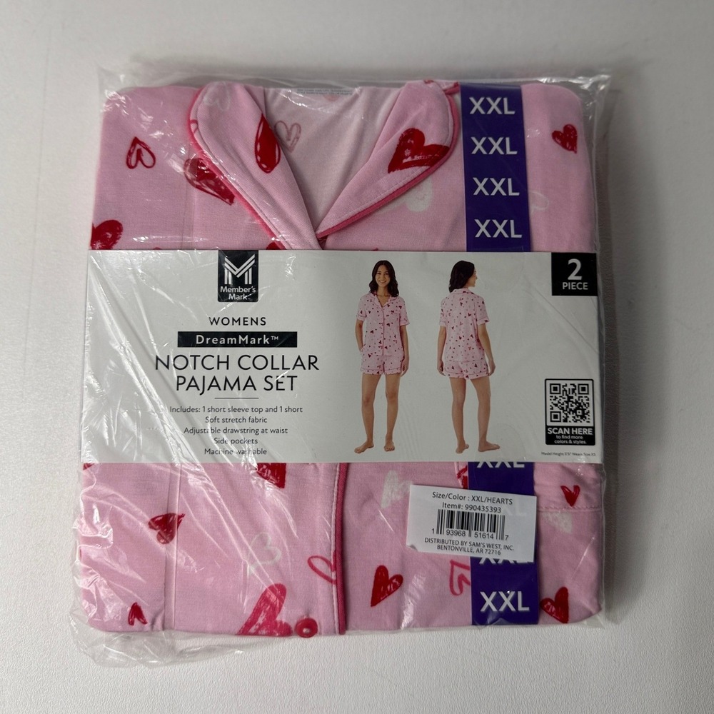 Member's Mark DreamMark Womens Notch Collar Pajama Set XXL Pink Hearts 2 Piece